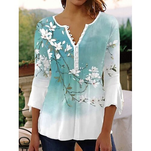 

Women's Shirt Green Blue Purple Animal Floral Button Print 3/4 Length Sleeve Daily Weekend Streetwear Casual Round Neck Regular Floral S