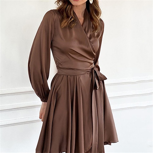 

Women's Satin Dress Black Dress Green Black Blue Long Sleeve Pure Color Lace up Winter Fall Autumn V Neck Party Winter Dress Fall Dress 2022 S M L