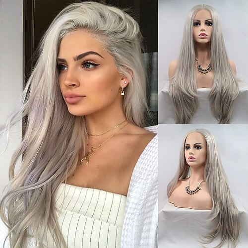 

Grey Lace Front Wigs Synthetic Platinum Color Heat Resistant Fiber Free Part Lace Front Wig Gluless Silver Wigs for Women 24 inches