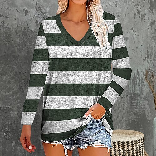 

supply autumn women's clothing striped casual loose v-neck long-sleeved top t-shirt
