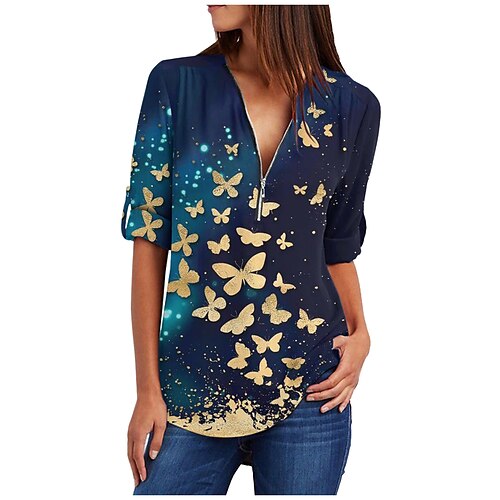 

Women's Shirt Blue Purple Black Butterfly Quarter Zip Print Long Sleeve Casual Weekend Streetwear V Neck Regular Butterfly S / 3D Print