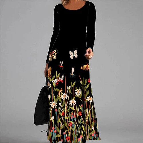 

Women's Casual Dress Swing Dress Long Dress Maxi Dress Black Long Sleeve Floral Pocket Winter Fall Autumn V Neck Winter Dress Fall Dress 2022 S M L XL XXL 3XL