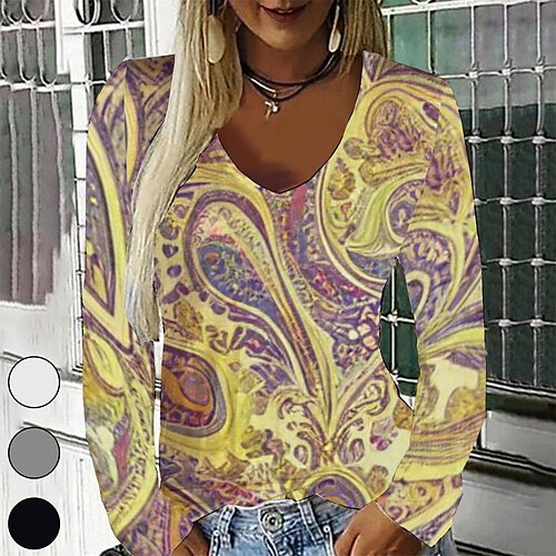 

Women's T shirt Tee Yellow Graphic Graffiti Print Long Sleeve Casual Daily Vintage V Neck Regular Painting S / 3D Print