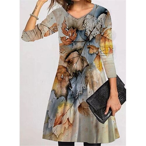 

Women's Casual Dress T Shirt Dress Tee Dress Short Mini Dress Beige Long Sleeve Floral Pocket Print Fall Winter V Neck Vacation Casual 2022 S M L XL XXL 3XL