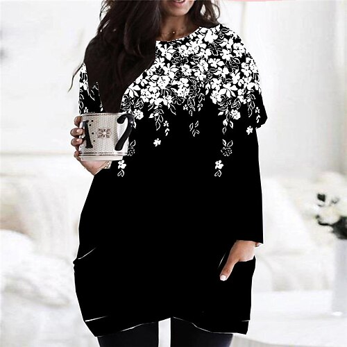 

Women's Plus Size Casual Dress Floral Round Neck Long Sleeve Fall Winter Casual Short Mini Dress Causal Daily Dress