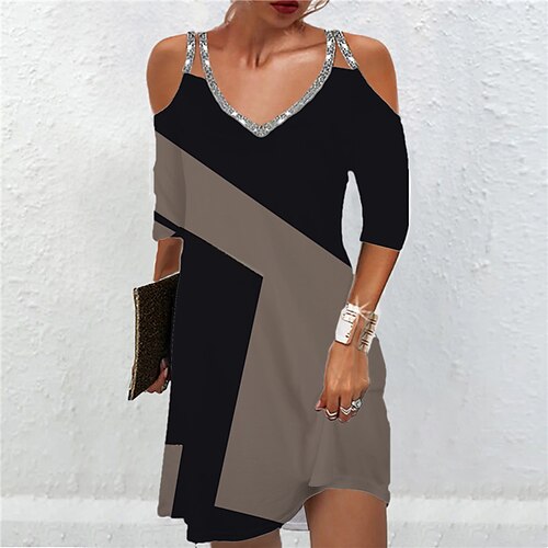 

Damen Casual kleid Minikleid Schwarz 3/4 Ärmel Geometrisch Pailletten Winter Herbst Spaghetti-Träger Modisch 2023 S M L XL XXL 3XL