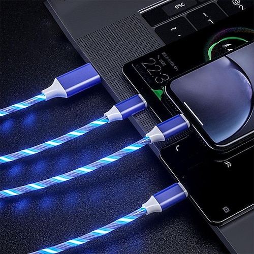 

3 in 1 Luminous Multi Charging Cable for iPhone 14 13 12 Pro Max USB A to Lightning / micro / USB C Fast Charging Flowing Light Durable Date Cable For Samsung Xiaomi Huawei Phone Accessory