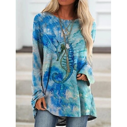 

Women's T shirt Tee Blue Graphic Print Long Sleeve Casual Daily Basic Round Neck Regular Floral S / 3D Print