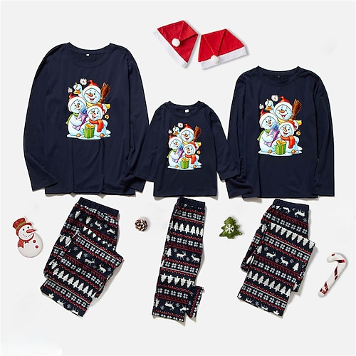 

Christmas Pajamas Family Set Ugly Deer Snowman Christmas Tree Patchwork Blue Long Sleeve Mom Dad and Me Adorable Matching Outfits Spring Fall Print