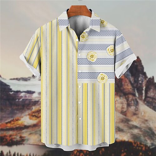 

Men's Shirt Graphic Shirt Rose Striped Turndown Yellow 3D Print Outdoor Street Short Sleeves Button-Down Print Clothing Apparel Designer Casual Breathable / Summer / Spring / Summer