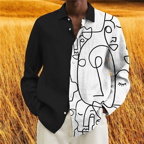

Men's Shirt Graphic Shirt Abstract Turndown Black 3D Print Outdoor Street Long Sleeve Button-Down Print Clothing Apparel Fashion Designer Casual Breathable