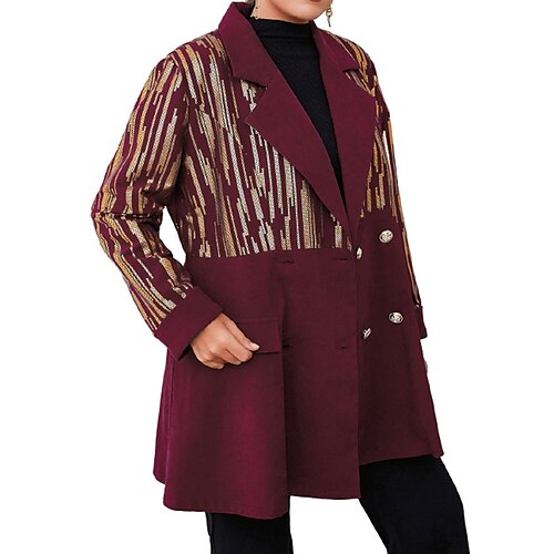 

Women's Plus Size Blazer Button Pocket Line Outdoor Business Long Sleeve Turndown Regular Fall Winter Wine L XL XXL 3XL 4XL