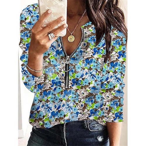 

Women's Shirt Green Blue Yellow Floral Quarter Zip Print Long Sleeve Holiday Weekend Streetwear Casual V Neck Regular Floral S / 3D Print