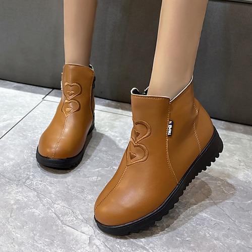 

Mulheres Botas Coturnos Botas Botas Tornozelo Inverno Sem Salto Ponta Redonda Pele PU zíper Preto Marron