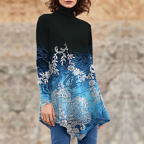 

Women's T shirt Tee Blue Floral Print Long Sleeve Daily Weekend Basic High Neck Long Floral Painting S / 3D Print