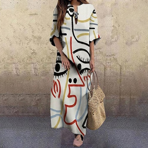 

Women's Casual Dress Shift Dress Midi Dress White 3/4 Length Sleeve Print Print Fall Winter V Neck Fashion Casual Modern 2022 S M L XL XXL 3XL