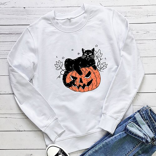 

Women's Plus Size Tops Pullover Sweatshirt Hoodie Sweatshirt Leaf Cat Print Long Sleeve Crewneck Casual Halloween Halloween Spirit Halloween Cotton Fall Winter Green Pink