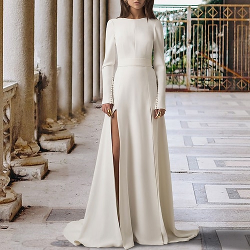 

A-Line Wedding Dresses Jewel Neck Sweep / Brush Train Stretch Fabric Long Sleeve Simple Sexy Backless with Bow(s) Buttons 2022