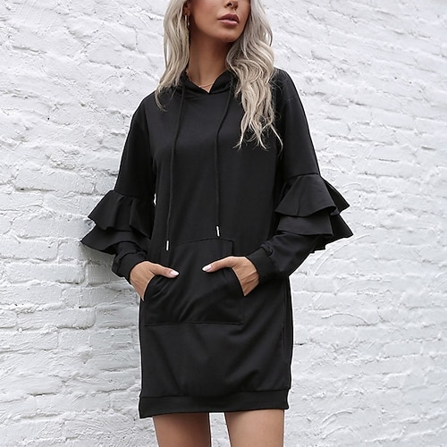 

Women's Hoodie Dress Winter Dress Black Long Sleeve Pure Color Ruffle Pocket Winter Fall Hooded Stylish Casual Modern Fall Dress 2022 S M L XL