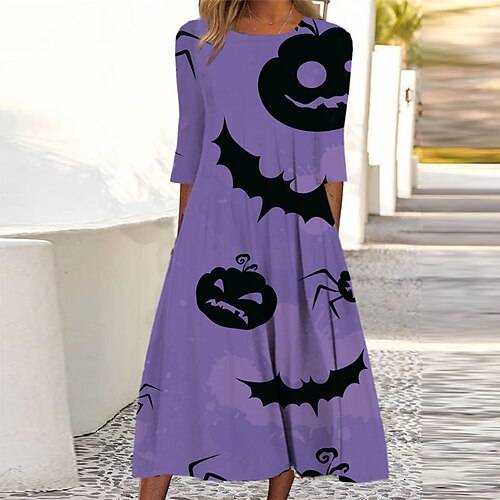 

Women's Casual Dress Shift Dress Midi Dress Purple 3/4 Length Sleeve Skull Ruched Print Fall Winter Round Neck Vacation Casual Halloween 2022 S M L XL XXL 3XL