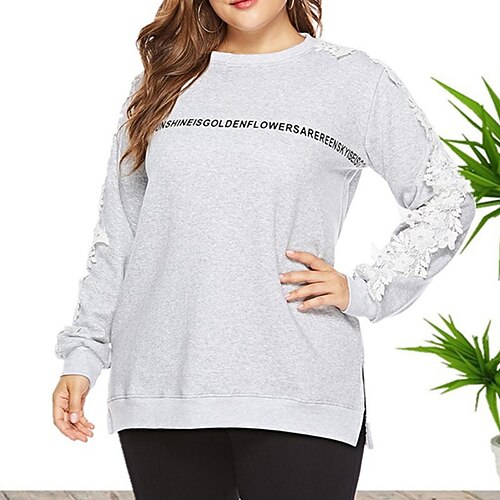 

Women's Plus Size Tops Pullover Sweatshirt Hoodie Sweatshirt Letter Lace Print Long Sleeve Round Neck Casual Daily Sports Polyester Fall Winter Light Grey