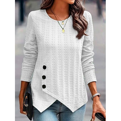 

Women's Shirt Green Blue Gray Plain Button Asymmetric Long Sleeve Casual Weekend Streetwear Casual Round Neck Regular S