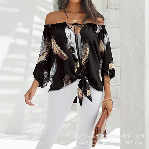 

Foreign Trade 2022 European And American Women's Summer New One-Shoulder Feather Lace-Up Tops