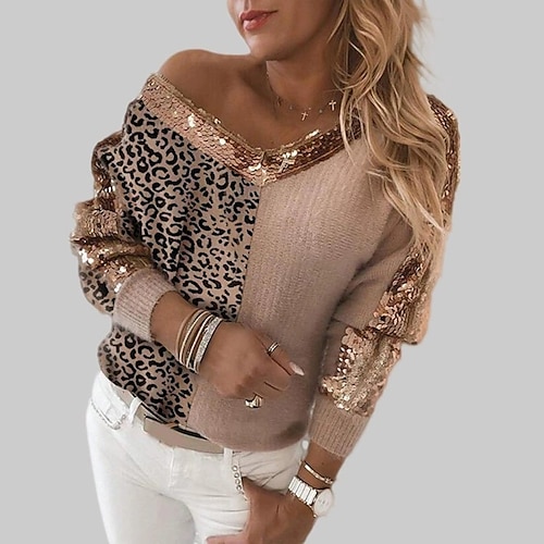 

Women's Pullover Sweater Jumper Ribbed Knit Sequins Knitted Leopard V Neck Stylish Casual Outdoor Daily Fall Winter Pink Khaki S M L / Long Sleeve