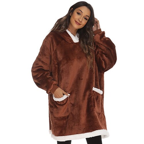 

kvinders par pyjamas natkjole bærbart tæppe vinter hættetrøje tæppe farve combo komfort oversized blødt hjem faldseng fleece varm hættetrøje langærmet lomme efterår lilla lys grå/flanel
