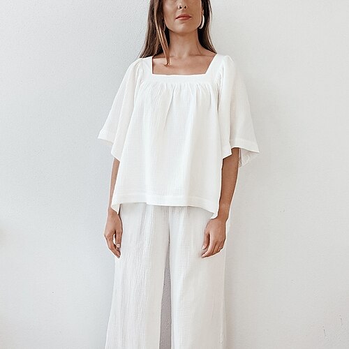 

Women's Pajamas Sets Pjs 2 Pieces Pure Color Simple Comfort Home Daily Bed Cotton Square Neck Half Sleeve Pant Winter Fall White