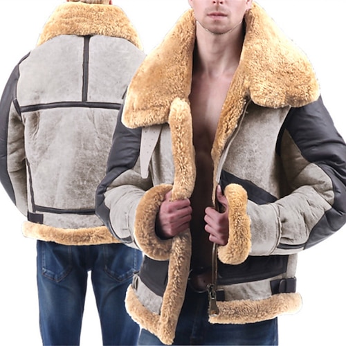 

Men's Shearling Coat Winter Jacket Sherpa jacket Winter Coat Teddy Coat Warm Street Daily Holiday Zipper Turndown Casual Traditional / Classic Windbreaker Jacket Outerwear Color Block Pocket Faux Fur