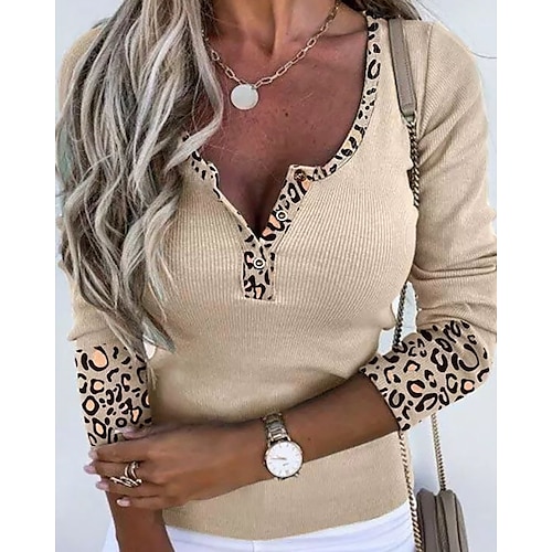 

Women's Blouse Shirt Khaki Graphic Leopard Button Print Long Sleeve Daily Weekend Streetwear Ethnic V Neck Regular S / 3D Print