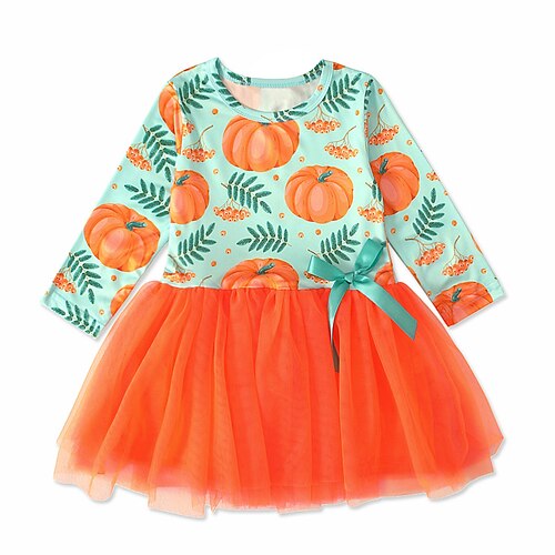 

Kids Little Girls' Dress Pumpkin A Line Dress Halloween Holiday Orange Long Sleeve Cute Princess Dresses Halloween Fall Winter 2-6 Years