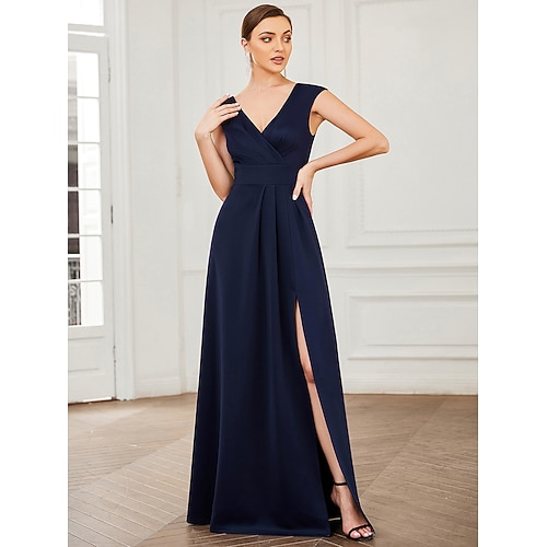 

A-Line Evening Dresses Elegant Dress Formal Floor Length Sleeveless V Neck Polyester V Back with Draping Slit Pure Color 2022