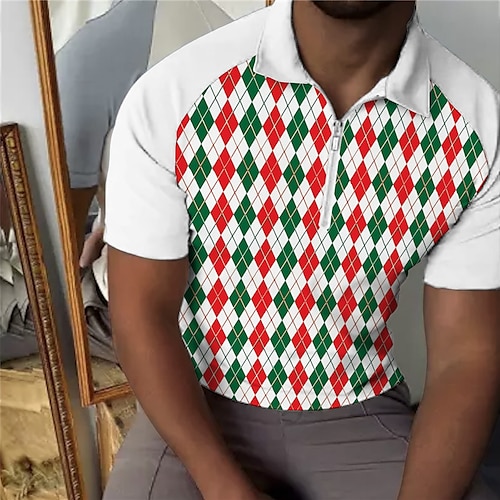 

Men's Collar Polo Shirt Golf Shirt Argyle Turndown White 3D Print Outdoor Street Short Sleeves Zipper Print Clothing Apparel Fashion Designer Casual Breathable / Summer / Spring / Summer