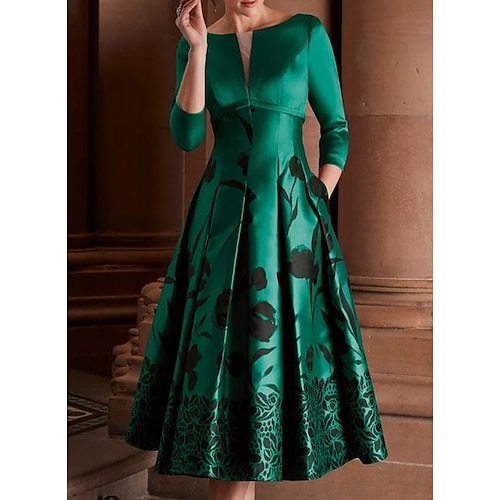 

Women's Emerald Green Dress Midi Dress Green 3/4 Length Sleeve Floral Print Winter Fall Autumn V Neck Fashion 2022 3XL