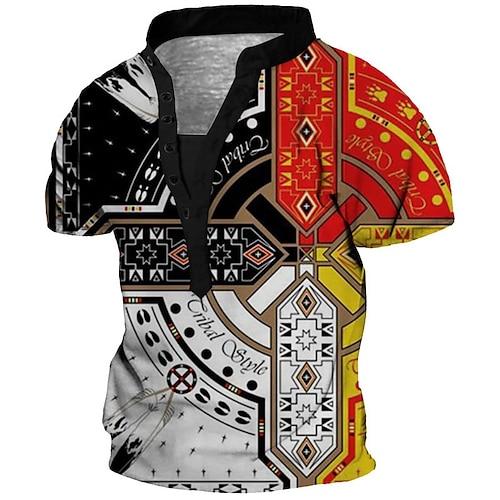 

Men's T shirt Tee Henley Shirt Tee Graphic Color Block Stand Collar Black / Red 3D Print Plus Size Outdoor Daily Short Sleeve Button-Down Print Clothing Apparel Basic Designer Casual Big and Tall
