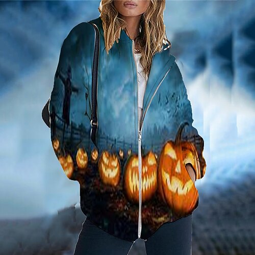 

Women's Hoodie Jacket Warm Breathable Outdoor Halloween Daily Wear Going out Zipper Pocket Print Zipper Hoodie Vintage Sports Comfortable Street Style Letter Regular Fit Outerwear Long Sleeve Winter