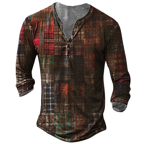 

Men's T shirt Tee Henley Shirt Tee Graphic Lattice Tartan Henley Red 3D Print Plus Size Outdoor Daily Long Sleeve Button-Down Print Clothing Apparel Basic Designer Classic Comfortable / Sports