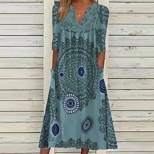 

Women's Casual Dress A Line Dress Midi Dress Green White Gray 3/4 Length Sleeve Floral Pocket Print Fall Winter V Neck Casual 2022 S M L XL XXL 3XL