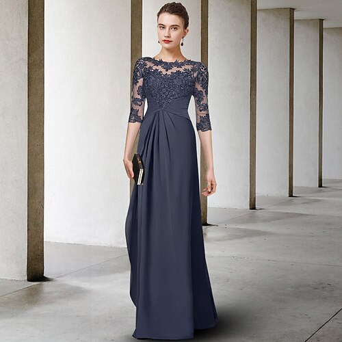 

Sheath / Column Plus Size Curve Mother of the Bride Dress Elegant Jewel Neck Floor Length Chiffon Lace Half Sleeve with Pleats Ruched Appliques 2022