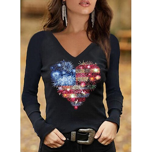 

Women's T shirt Tee Black Heart Print Long Sleeve Casual Weekend Basic V Neck Regular Painting S / 3D Print