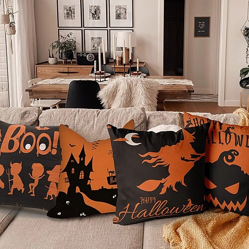 

Halloween Double Side Cushion Cover 4PC Soft Decorative Square Throw Pillow Cover Cushion Case Pillowcase for Bedroom Livingroom Superior Quality Machine Washable Indoor Cushion for Sofa Couch Bed Chair Bat Witch Spider