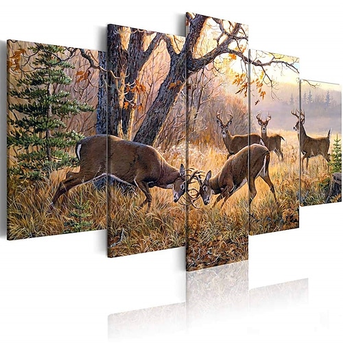 

5 Panels Golden Landscape Prints Yellow Animal Deer Modern Wall Art Wall Hanging Gift Home Decoration Rolled Canvas Unframed Unstretched Painting Core