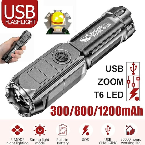 

LED Flashlight USB Super Bright Zoomable USB Rechargeable T6 Tactical Torch for Camping Hiking Fishing Outdoor Hunting 3.7V