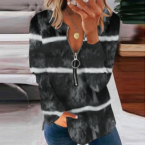 

Women's Blouse Shirt White Black Gray Striped Quarter Zip Print Long Sleeve Casual Weekend Streetwear V Neck Regular S / 3D Print