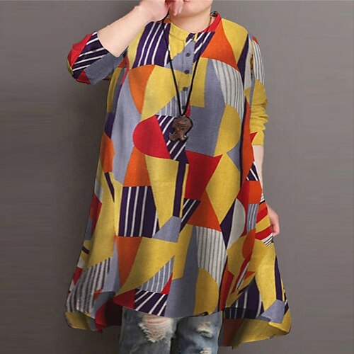 

Women's Plus Size Tops Blouse Shirt Color Block Print Long Sleeve Standing Collar Casual Daily Going out Polyester Fall Winter Purple Yellow