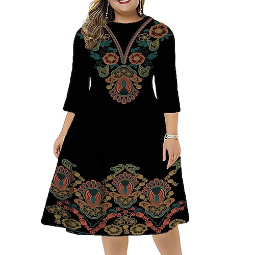 

Women's Plus Size Work Dress Floral Round Neck 3/4 Length Sleeve Fall Winter Stylish Work Midi Dress Vacation Going out Dress