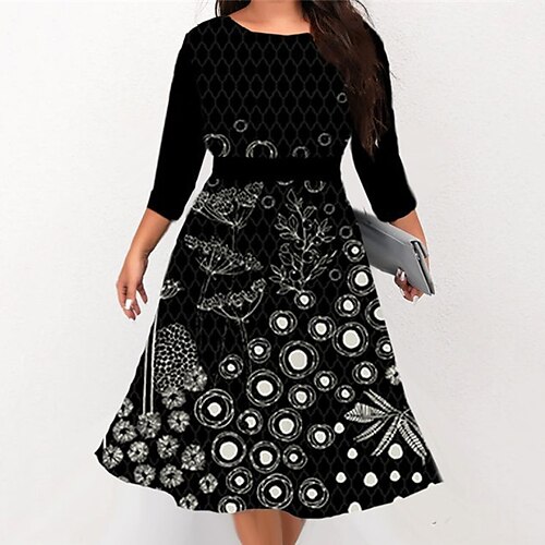 

Women's Plus Size Work Dress Floral Crew Neck 3/4 Length Sleeve Fall Winter Work Elegant Midi Dress Formal Going out Dress
