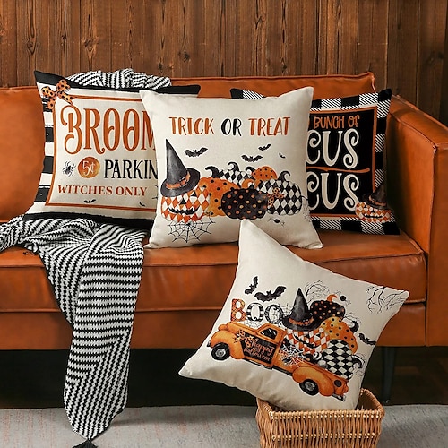 

Halloween Double Side Cushion Cover 4PC Soft Decorative Square Cushion Case Pillowcase for Bedroom Livingroom Superior Quality Machine Washable Indoor Cushion for Sofa Couch Bed Chair Pumpkin Witch Bat